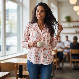 Hope And Harlow Top Small S Split-V-Neck Long Roll Tab Sleeve Abstract Floral